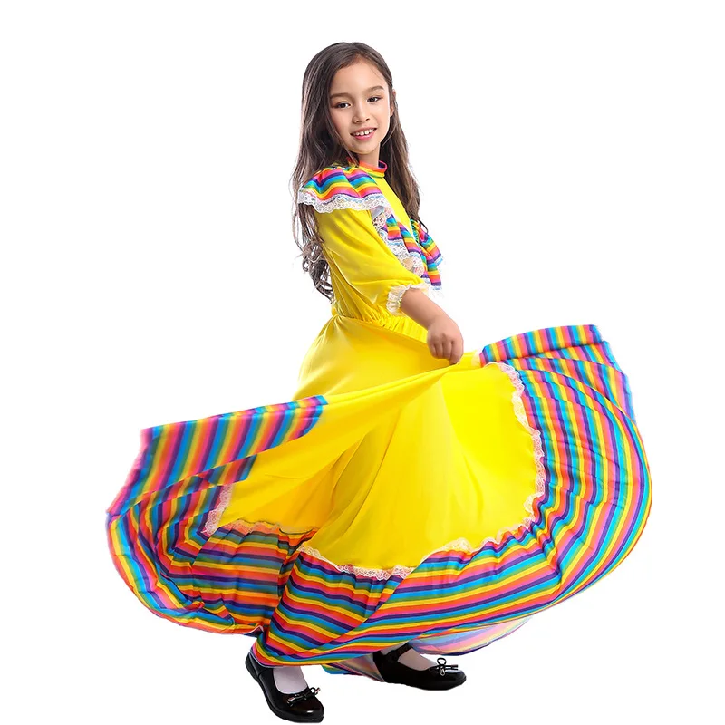 

Little Girls Mexican Dress Birthday Party Halloween Costume Kids Child Mexico Big Circle Long Gypsy Flamenco Dance Skirt