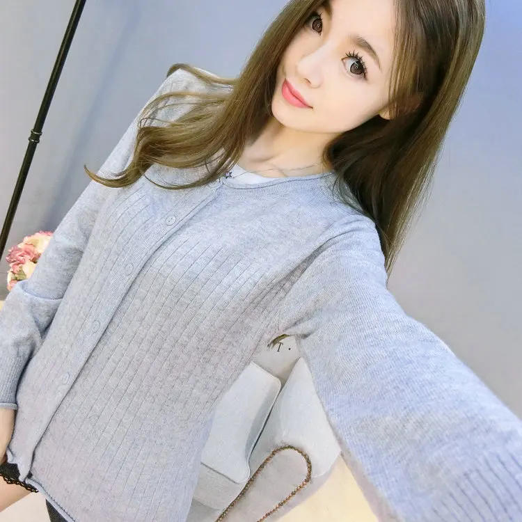 YUNSHUCLOSET, дизайн, кашемировый шерстяной кардиган, воротник для завивки, вязаная рубашка, Повседневный трикотаж - Цвет: Light gray