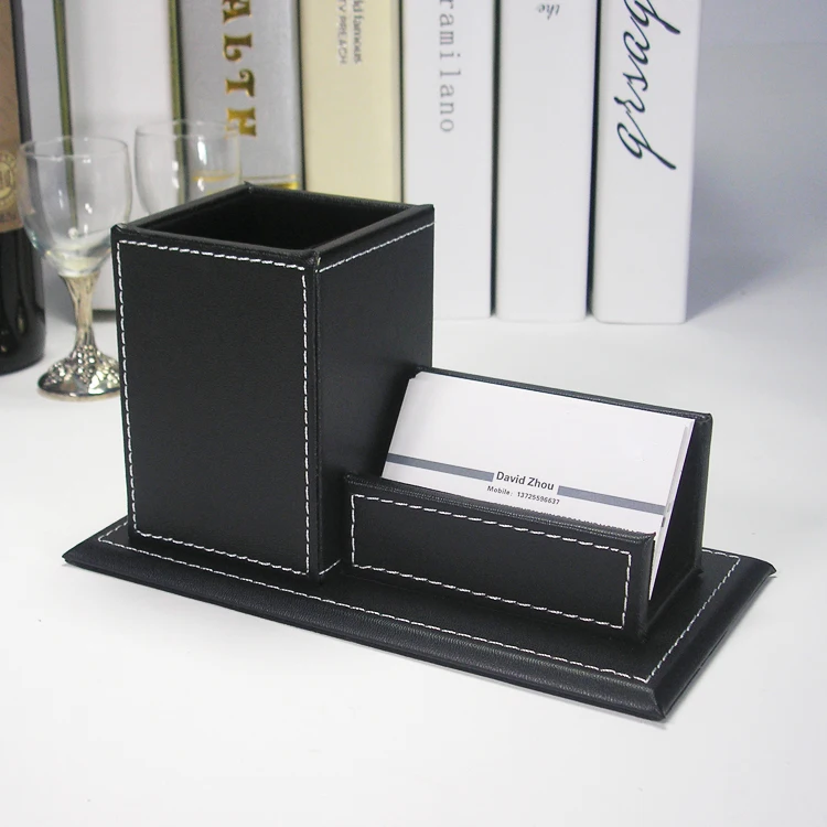 Бизнес-держатель для карт из искусственной кожи с держателем для ручки и маркера, офисные принадлежности, Настольный Органайзер