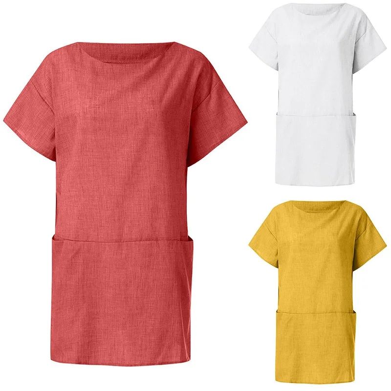 Женское льняное простое однотонное мини-платье с круглым вырезом и карманами