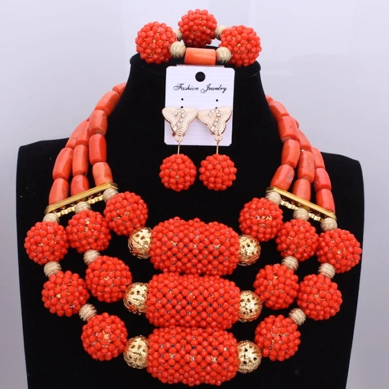 

Dubai Indian Wedding Necklace Jewelry Sets Bright Orange Balls Beads Coral Set Best Friends Jewelry Set New Free shipping