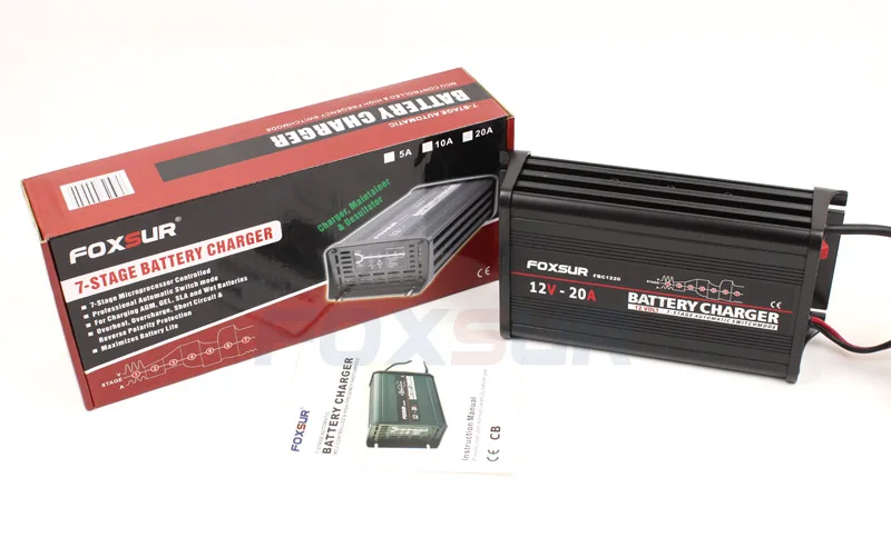 

FOXSUR 12V 20A 7-stage smart Lead Acid Battery Charger Car battery charger Aluminum pulse charger AGM GEL EFB Battery Charger