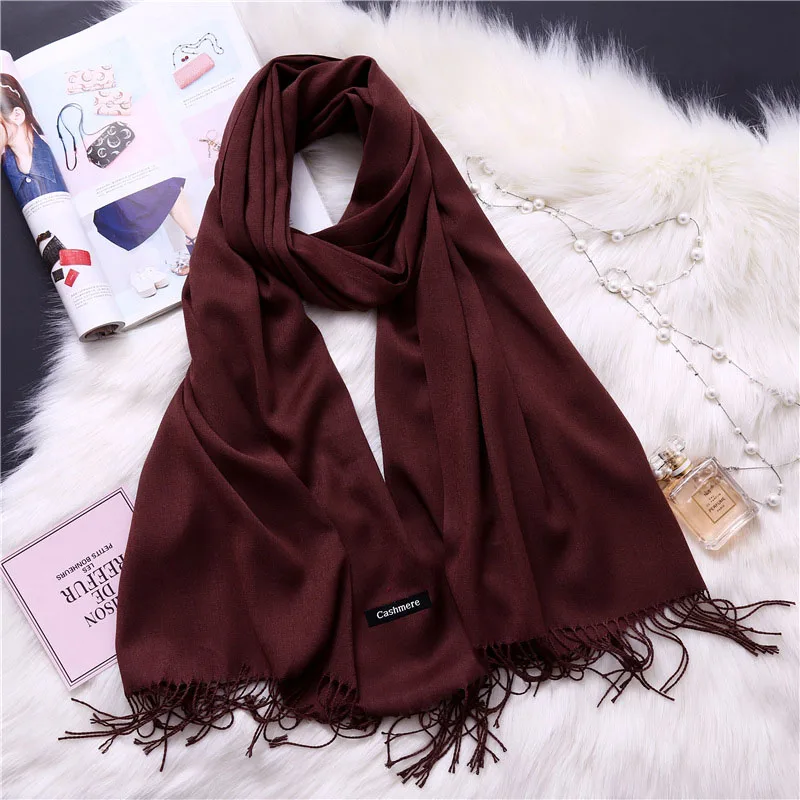 Brown03 LaMaxPa Модный зимний теплый однотонный шарф для женщин/леди, утолщенные шерстяные пашмины шали, длинные кашемировые женские кашне, накидки - Цвет: Brown03