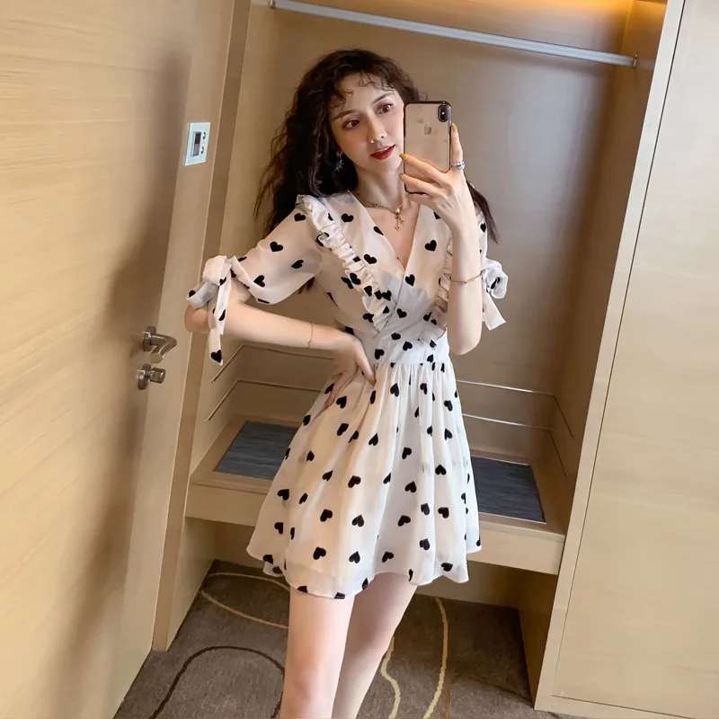 

Print Love Star Cute Sweet Mini Ladies Dresses Korean Summer Clothes for Women with Bow Empire Casual Streetwear Women Dress