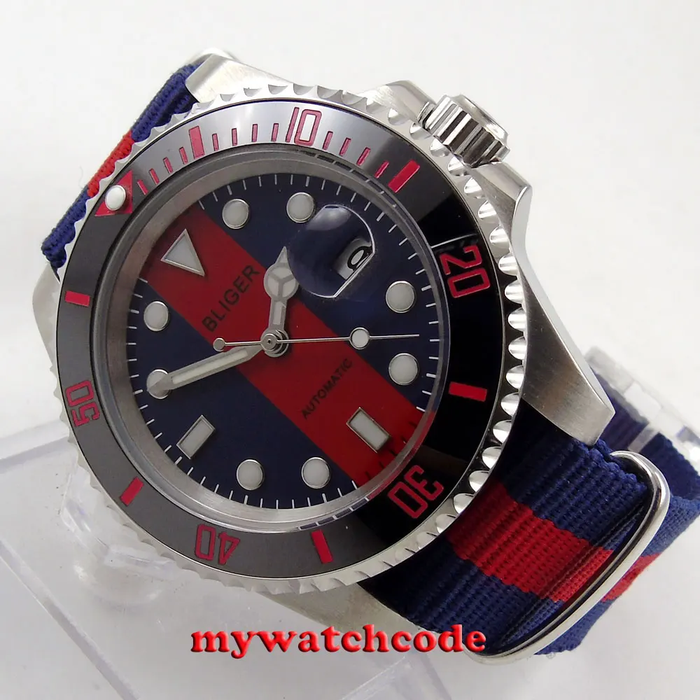

40mm bliger red blue dial sapphire crystal automatic movement mens watch B143