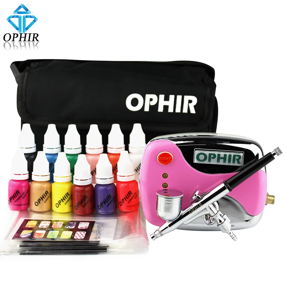 OPHIR Nail Tools 0.3mm Airbrush Kit with Air Compressor for Nail Art Airbrush Inks & Nail Stencils & Bag & Cleaning Brush Set
