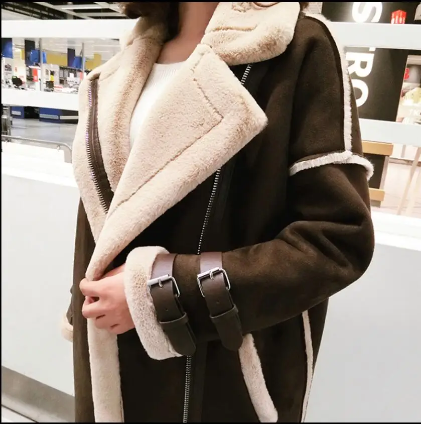 S-XL, зимняя одежда из хлопка, Женская Длинная утепленная куртка, новинка, мех ягненка, корейские замшевые меховые цельные кожаные куртки