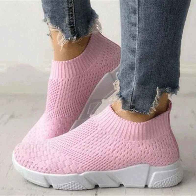 Женская обувь; большие размеры; кроссовки Flyknit; женская новая Вулканизированная обувь; повседневная женская обувь без застежки на плоской подошве; прогулочная обувь из белого сетчатого материала