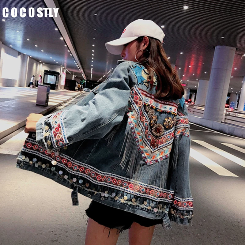 Женская джинсовая куртка с бахромой весенняя в народном стиле вышивкой ретро