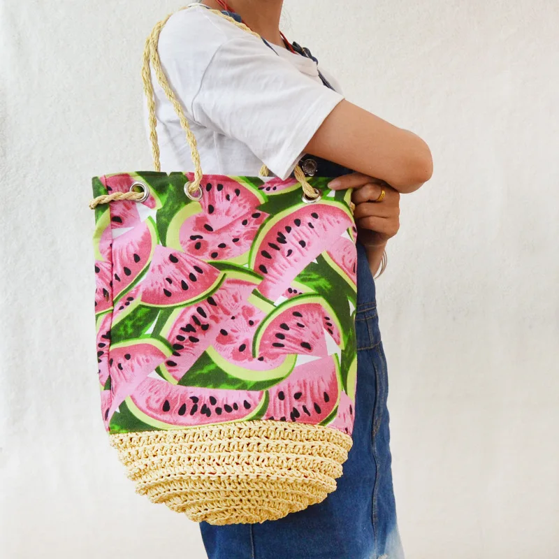 

2021 Summer Beach Female Beach Bag Women HandMade Canvas Straw Bucket Bag Cute Fruit Shoulder Bag Watermelon Printing Rattan Bag
