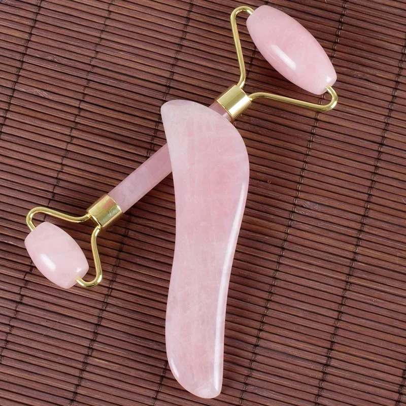 1 set 2 pieces Ролик для лица Gua Sha инструмент массажный набор Китай традиционный натуральный розовый кварц спа иглоукалывание выскабливание тела лечебный камень макияж - Цвет: 1 set 2 pieces