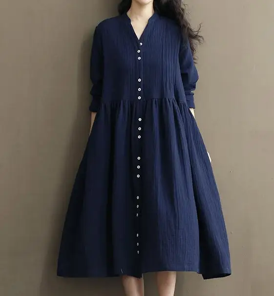 Женское Хлопковое платье с V-образным вырезом длинным рукавом и | Женская одежда