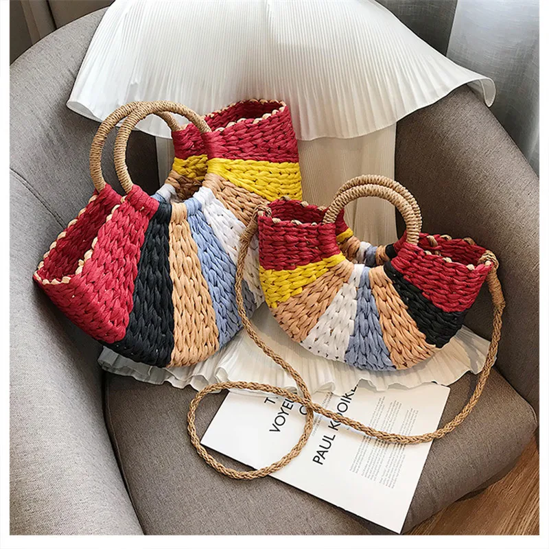 Модная Соломенная женская летняя сумка из ротанга, ручная работа, тканые богемные пляжные женские сумки, плетеная Дорожная сумка на плечо, большая сумка-тоут