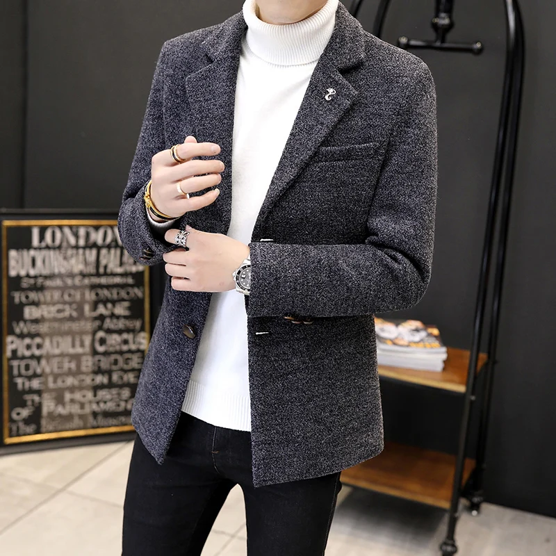 

New Style Men's Wool Coat Man Fashion Notched Collar Single Breasted Woolen Trench Male Slim Outerwear
