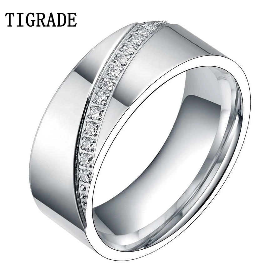 

6/8mm Silver Color Cubic Zirconia Eternity Ring Titanium Wedding Band Women Bridal Jewelry Engagement Rings For Man bague femme