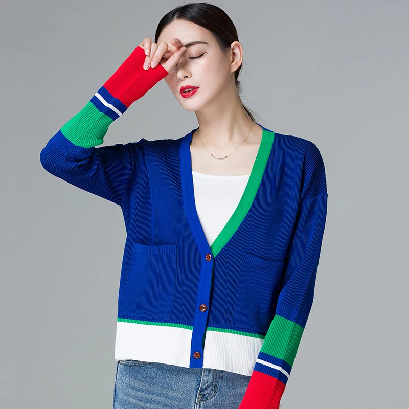 Autumn Winter Women Sweater Contrast Color Striped All-match Jacket Coats Long Sleeve Loose Patchwork Knitting Cardigans C-198 |