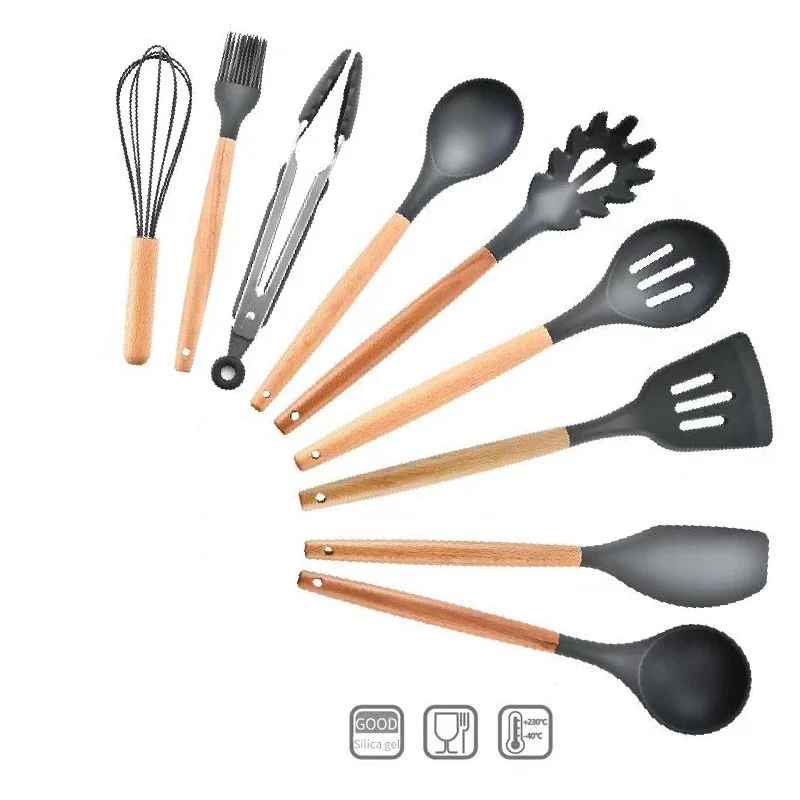 BLACK- 9 PCS 13pcs Cooking Tools Set Premium Silicone Kitchen Cooking Utensils Set With Storage Box Turner Tongs Spatula Spoon Turner - Цвет: BLACK- 9 PCS