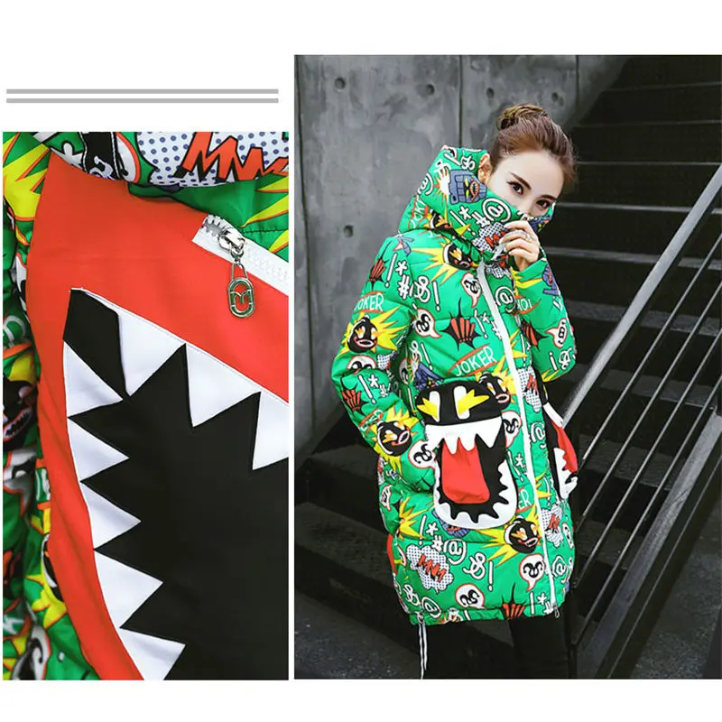 Женская парка с объемным принтом граффити длинное пуховое хлопковое пальто