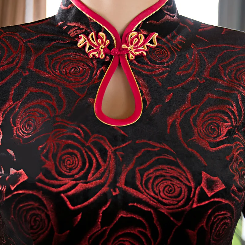 Черное китайское свадебное платье женское с длинным рукавом Cheongsam Золотое тонкое