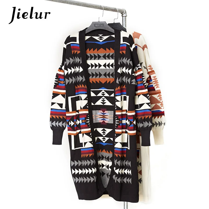 Jielur Winter Europe Leisure Long Cardigan Geometric Pattern Printed Sleeve Lady's Sweater for Women Warm Knitted Cardigans |