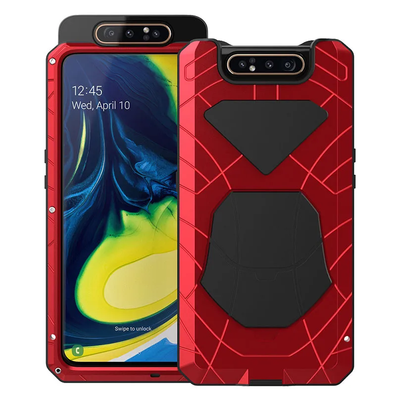 For Samsung Galaxy A80 Phone Case Hard Aluminum Metal Tempered Glass Screen Gift Protector Cover Heavy Duty Protection Cover