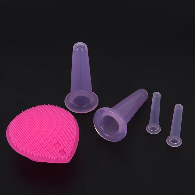 

5pcs Silicone Face Cupping Cups Jar Vacuum Cans Facial Lifting Body Eye Back Massage+Cleansing Brush Anti-cellulite Massager