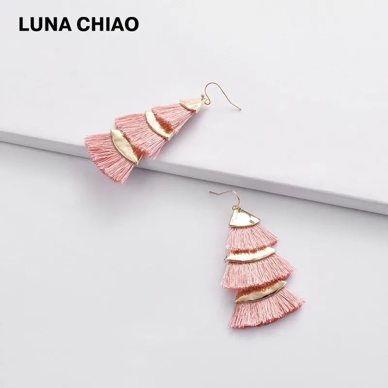 Pink LUNA CHIAO, модные серьги Brincos, трехслойные, с бахромой, женские серьги, висячие серьги, ювелирное изделие для женщин - Окраска металла: Pink
