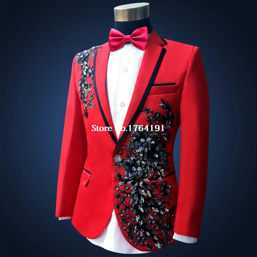 Красный расшитый блестками с длинным рукавом мужской тонкий костюм и блейзер S-3XL