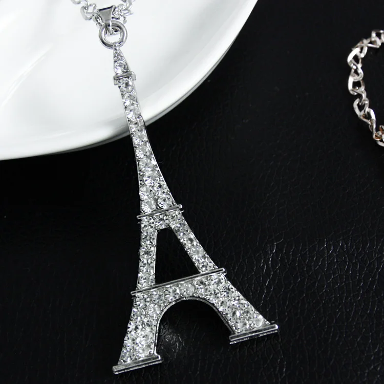 Ожерелье с подвеской в виде большой Эйфелевой башни стразы серебряная цепочка