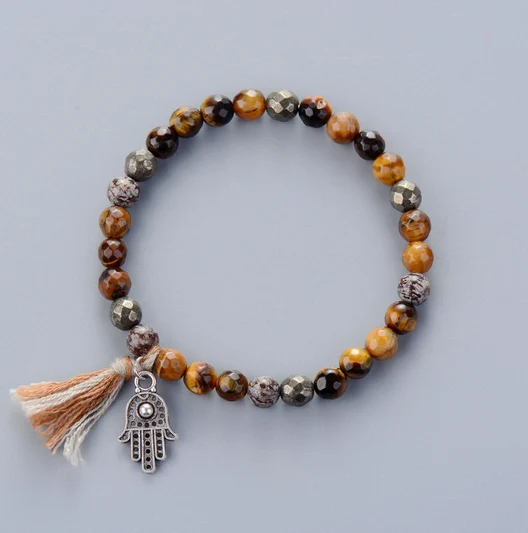 Tiger Eye Тянущийся браслет, бохо, натуральные камни, пирит и кисточка, растягивающиеся браслеты, ручная работа, эластичная бусина мала, браслет для йоги, Прямая поставка - Окраска металла: Tiger Eye