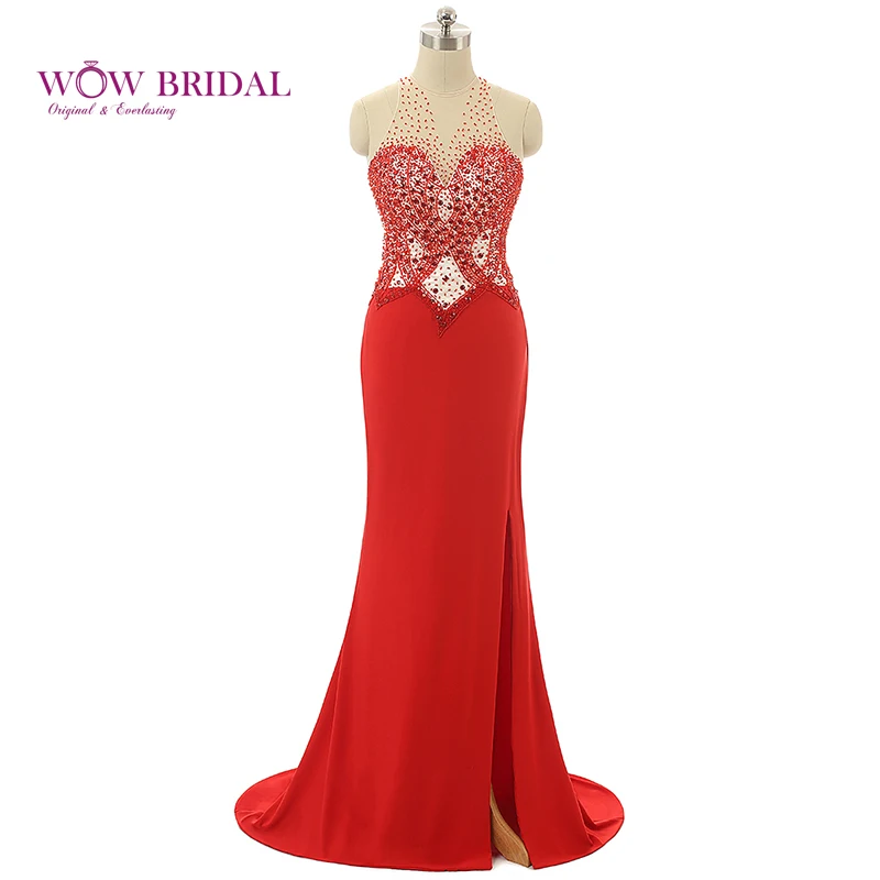 

Wowbridal Sexy Red Prom Dress 2021 O-Neck Sheer Beaded Open Back Pattern Crystal Taffeta Mermaid Sweep Train Women Party Dress