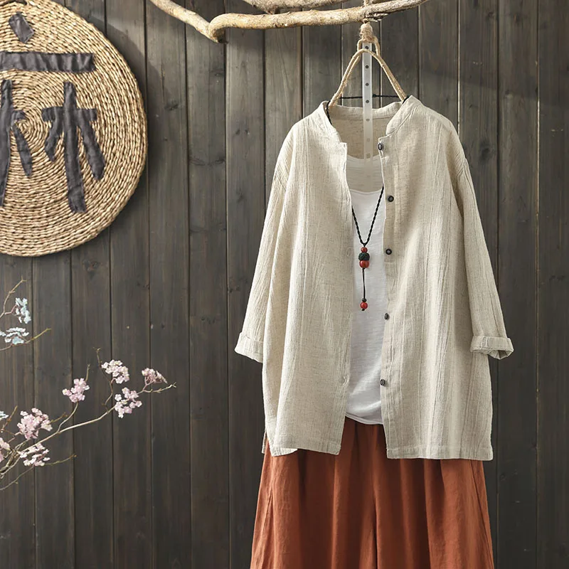 Cotton Linen Shirt Women Loose Full Sleeve Solid Color Casual Retro Cardigan Female Spring Tops And Blouses Camisas Mujer 2021 | Женская