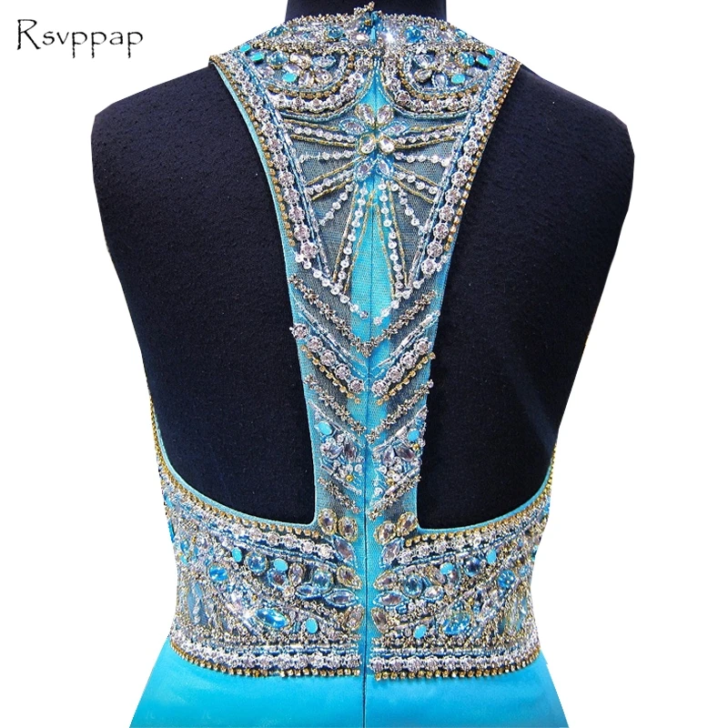 

Long Evening Dress 2020 Real Sample A-line O-neck Sparkly Beaded Floor Length Chiffon Women Blue Formal Evening Gowns