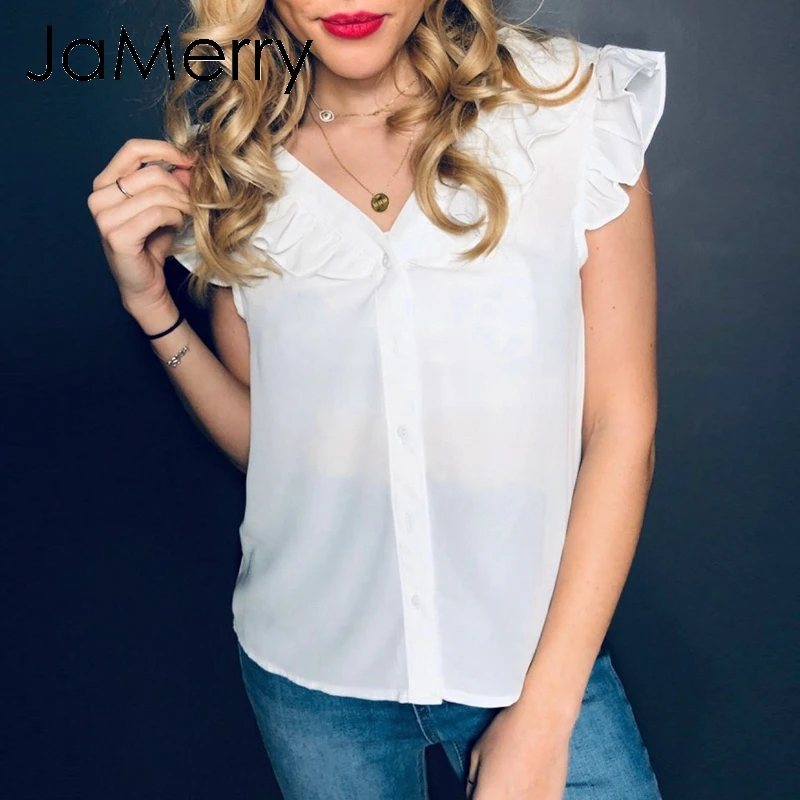 JaMerry винтажные сексуальные белые женские шифоновые летние гофрированные