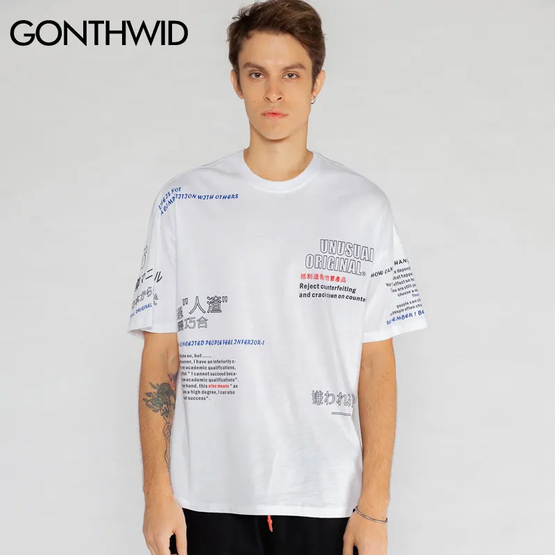GONTHWID японский китайские персонажи печатных футболки лето 2019 г. мужские для