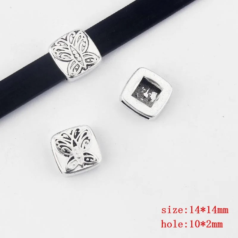 butterfly 15 шт., античный серебряный/Бронзовый квадратный плоский ползунок, подходит для 10 мм, 13 мм, плоский кожаный шнур, браслет, аксессуары для изготовления ювелирных изделий, бижутерия - Цвет: butterfly