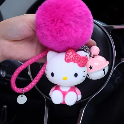Милый мультяшный брелок hello kitty из кроличьего меха с помпонами, помпонами, брелок для женщин с кожаным ремешком, металлическое кольцо для ключей, цепочка для автомобильных сумок, брелок D35B