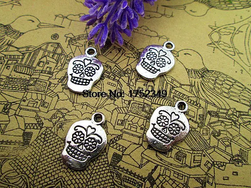 25 шт. сахарный череп Подвески Античная тибетский серьги подвески с цветочным