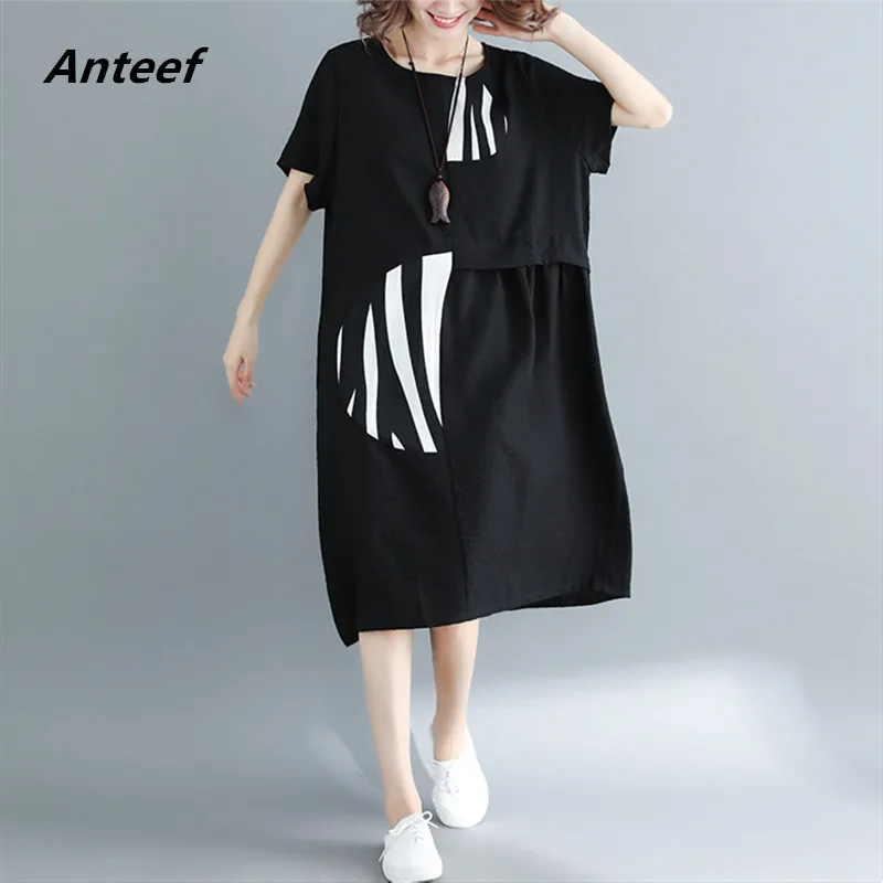 Черное хлопковое льняное платье размера плюс винтажное женское повседневное