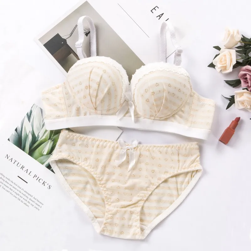 

Women girls Lace Stitching Bow Printed Cotton 3/4 Cup Without Steel Ring Gathered Bra + Briefs Set