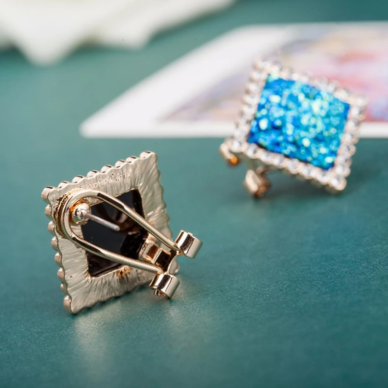 2017 Blue Clip Earring With Luxurious Wedding Square Stage Small Crystal Earrings For Women's Gift | Украшения и аксессуары