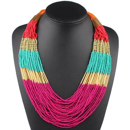 Red Green Fushia Claire jin, винтажное разноцветное ожерелье с маленькими бусинами, многослойное ожерелье для женщин, модное массивное ожерелье, богемное ювелирное изделие - Окраска металла: Red Green Fushia
