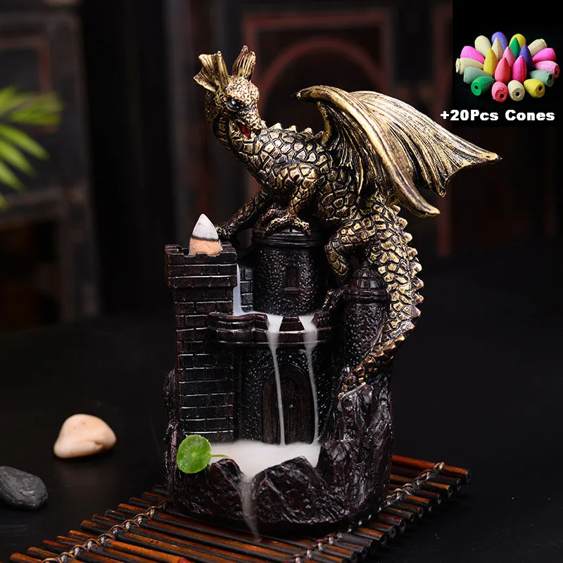 

Gift 20pcs Free Cones Creative Resin Dinosaur Castle Backflow Incense Burner Waterfall Smoke Incense Holder Home Teahouse Decor