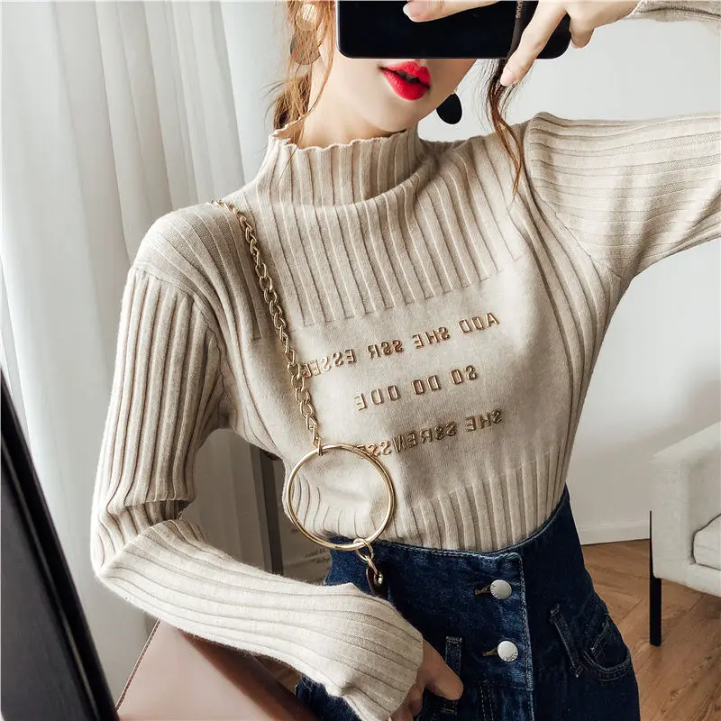 apricot pullover Neploe, осенне-зимний корейский свитер с высоким воротником, пуловер, Женский вязаный свитер с длинным рукавом, облегающий стрейчевый джемпер с буквенным принтом - Цвет: apricot pullover