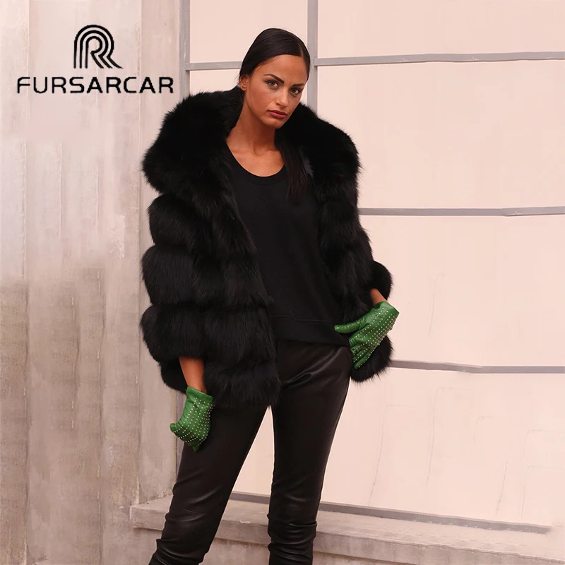 FURSARCAR 65 см длинные натуральным лисьим мехом пальто Для женщин зимние