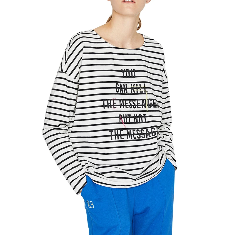 Toyouth Autumn Letter Cotton Long Sleeve T shirts Striped Loose Tees for Women Camiseta Feminina Casual O Neck Tops|Футболки| |