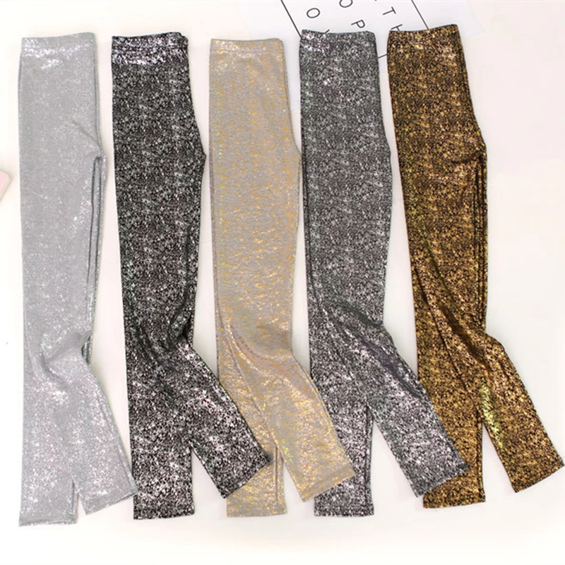 Европейские хлопковые блестящие Серебристые леггинсы модные яркие брюки для