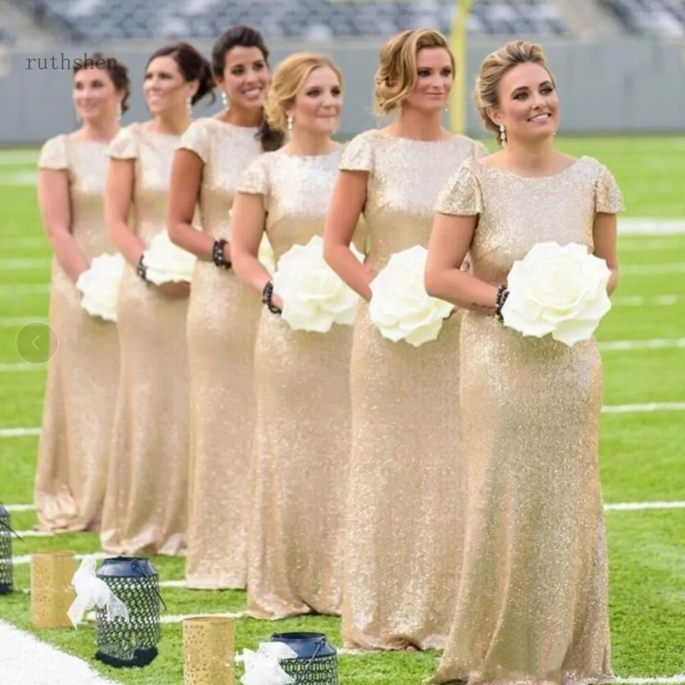 

Sequined Gold Bridesmaid Dresses Long Cap Sleeves Sheath Wedding Guest Dress Floor Length Maid Of Honor Gowns