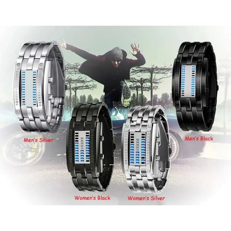 

Watch Men Women Future Technology Binary Black Stainless Steel Date Digital LED Bracelet Sport Watches