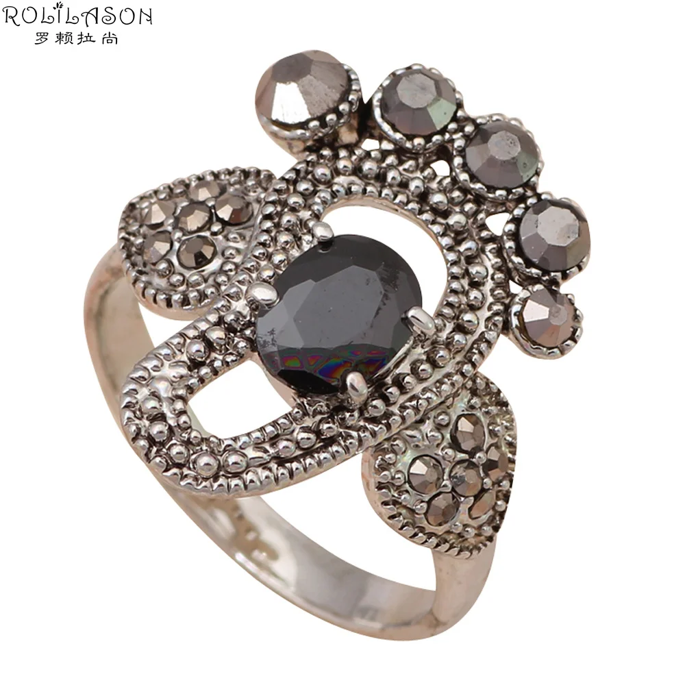 Потрясающие дизайнерские кольца серебряного цвета с черными кристаллами модные